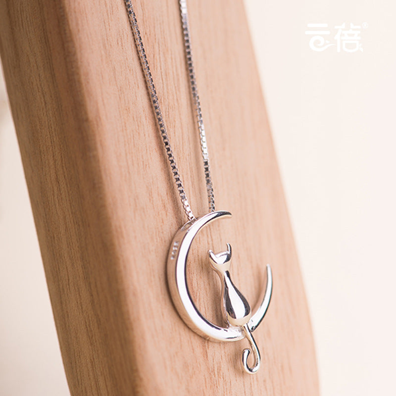 Fashion Cute Animal Cat Moon Pendant Necklace Charm Silver Gold Color Box Chain Necklace Kitten Pet Lucky Jewelry For Women Gift
