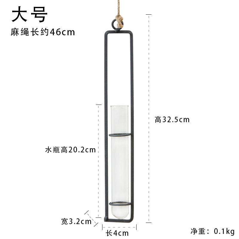 Creative wrought iron glass vase hemp rope pendant living room wall wall water culture green plant container hanging wall decoration