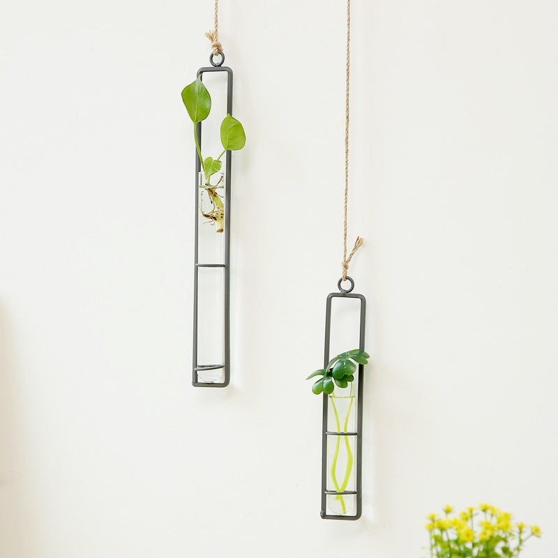 Creative wrought iron glass vase hemp rope pendant living room wall wall water culture green plant container hanging wall decoration