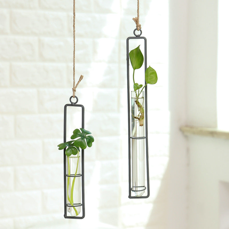 Creative wrought iron glass vase hemp rope pendant living room wall wall water culture green plant container hanging wall decoration