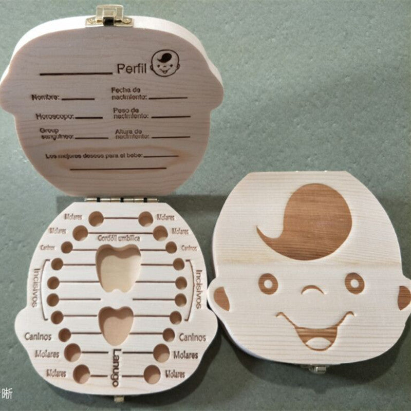 Spanish English Dutch Portugal French Russia Baby Wood Tooth Box Organizer Milk Teeth Storage Collect Teeth Umbilica Save Gifts