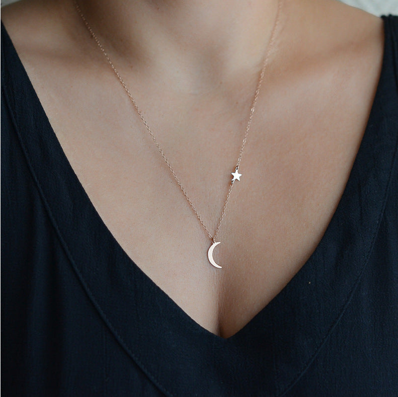 European and American cross-border jewelry simple wild copper moon star pendant necklace women short clavicle necklace
