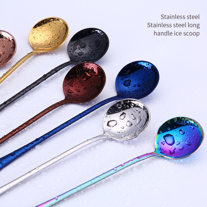1010 304 stainless steel ice scoop tip round stainless steel stirring spoon cocktail long handle spoon titanium tableware
