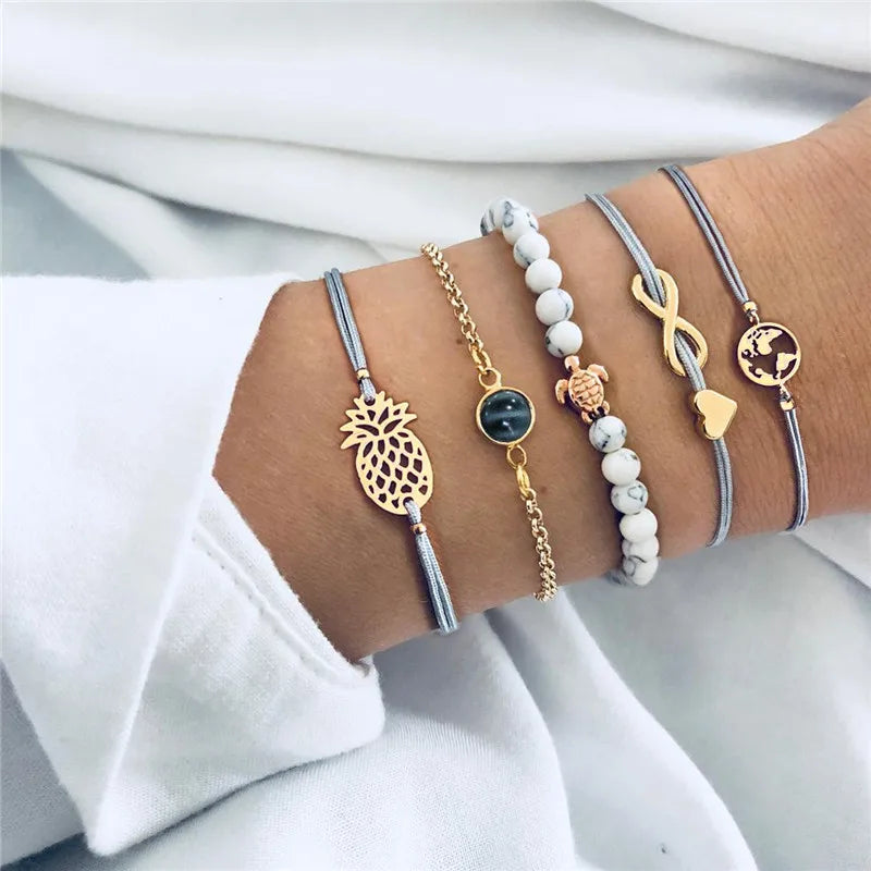 30 Styles Women Girls Mix Round alloy Crystal Charm Bracelets Fashion Boho Heart Map Pineapple Bracelets Sets Jewelry Gift