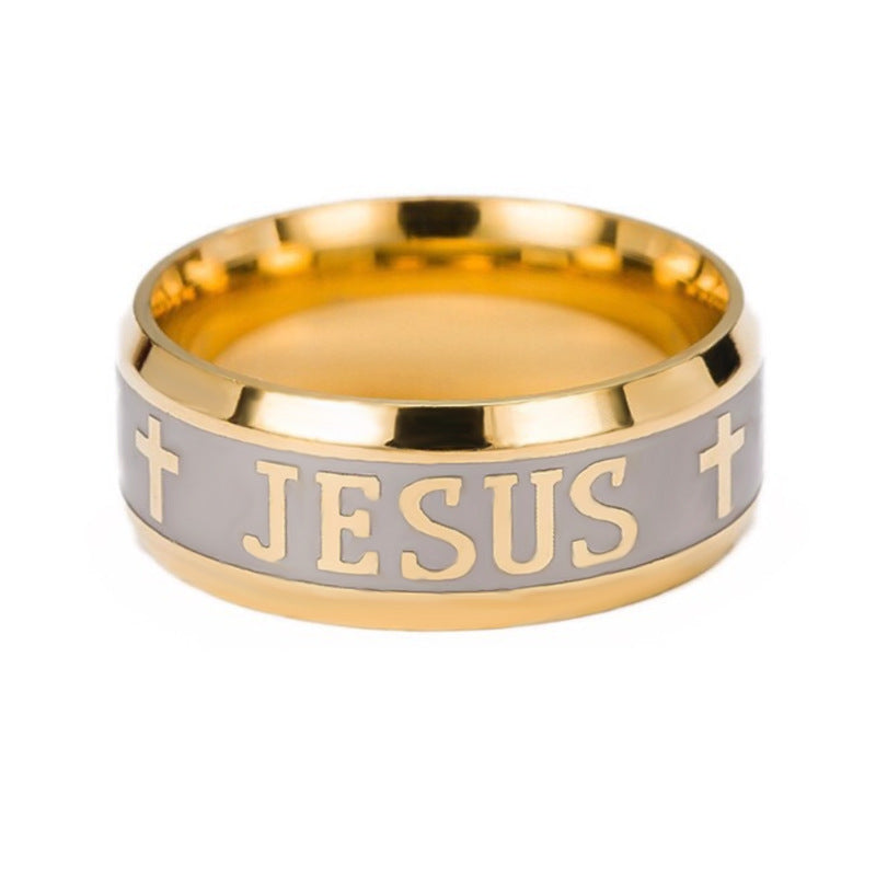 Spot cross-border stainless steel ring for men European and American retro JESUS ring simple titanium steel corrosion ring does not fade