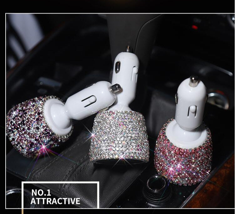 Diamond-studded car charger head fast charge smart car charger one for two car multi-function dual usb transfer interface female