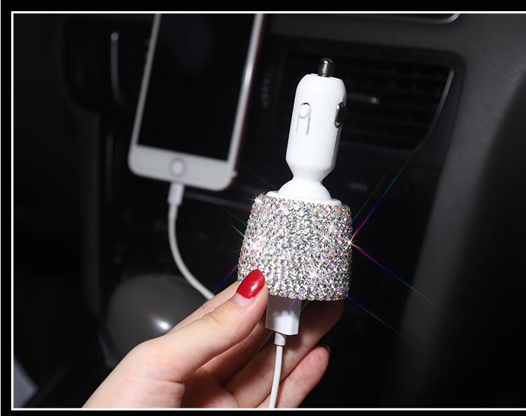 Diamond-studded car charger head fast charge smart car charger one for two car multi-function dual usb transfer interface female