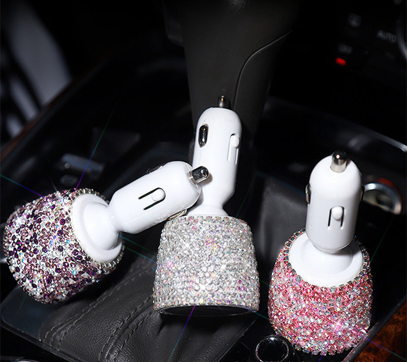 Diamond-studded car charger head fast charge smart car charger one for two car multi-function dual usb transfer interface female