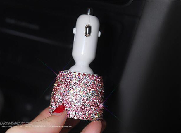 Diamond-studded car charger head fast charge smart car charger one for two car multi-function dual usb transfer interface female