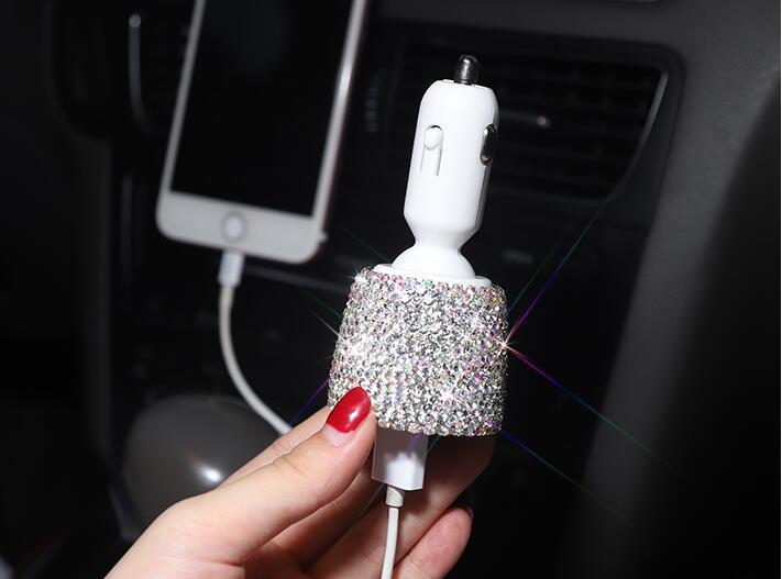 Diamond-studded car charger head fast charge smart car charger one for two car multi-function dual usb transfer interface female