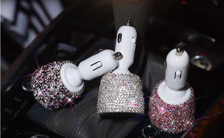 Diamond-studded car charger head fast charge smart car charger one for two car multi-function dual usb transfer interface female