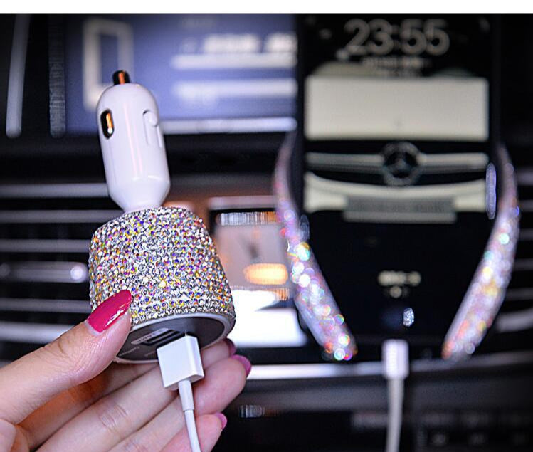 Diamond-studded car charger head fast charge smart car charger one for two car multi-function dual usb transfer interface female