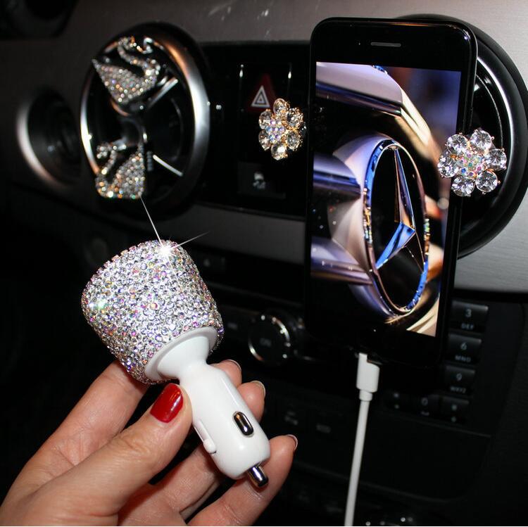 Diamond-studded car charger head fast charge smart car charger one for two car multi-function dual usb transfer interface female