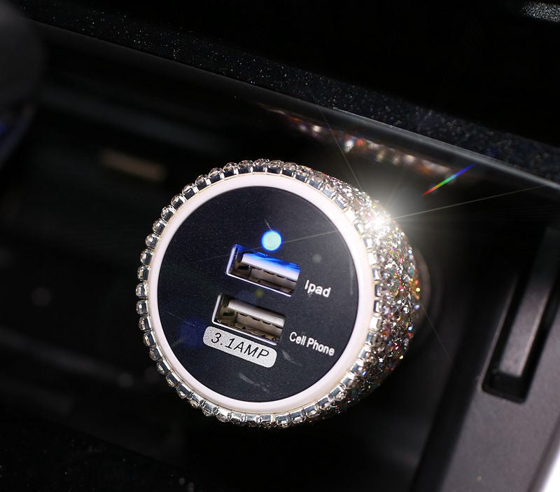 Diamond-studded car charger head fast charge smart car charger one for two car multi-function dual usb transfer interface female