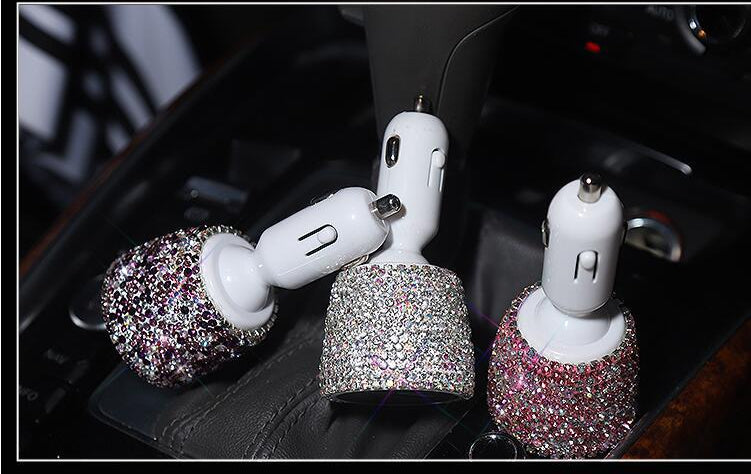 Diamond-studded car charger head fast charge smart car charger one for two car multi-function dual usb transfer interface female