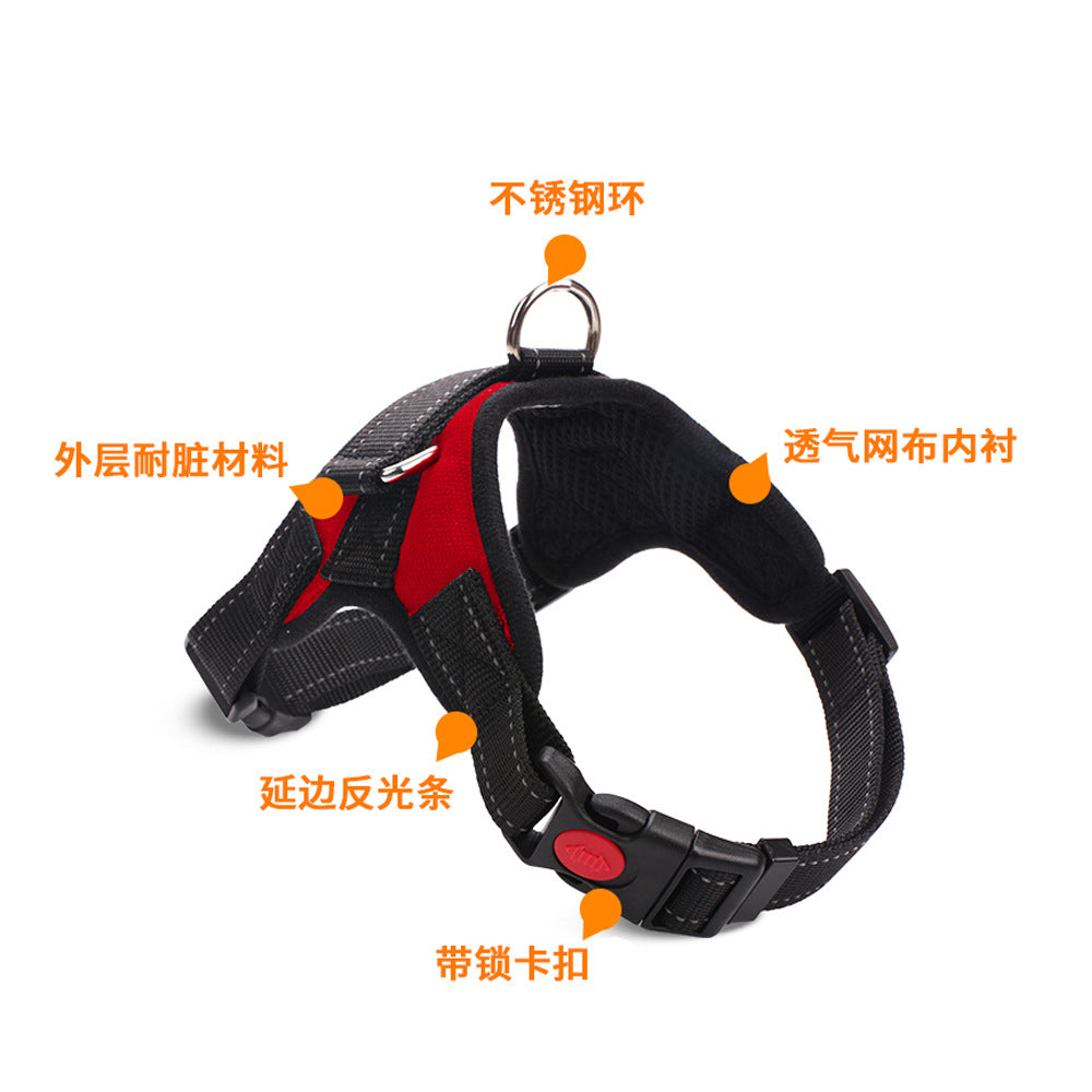 Amazon explosion-proof red pet chest harness for medium and large dogs breathable vest type traction rope nylon reflective dog rope