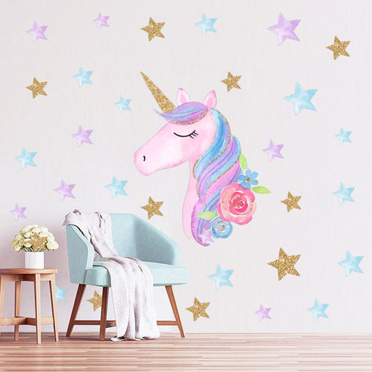 HOT Fantasy Unicorn Stars Rainbow Wall Sticker Girls Bedroom Wall Decal Art Decal DIY Nursery Home Decor