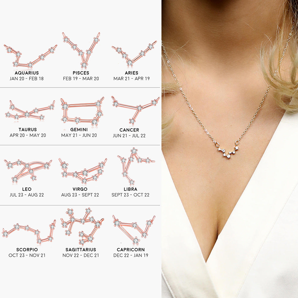 Ozy Moon fashion simple twelve constellation clavicle necklace with zircon and rose gold plated cross-border explosive accessories wholesale