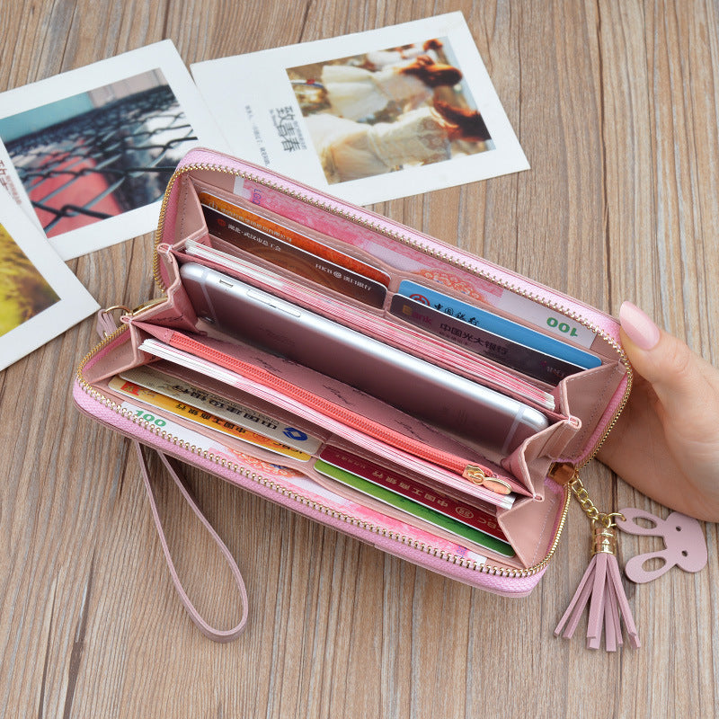 New style ladies clutch purse female long Korean style contrast stitching zipper tassel large capacity wallet mobile phone bag