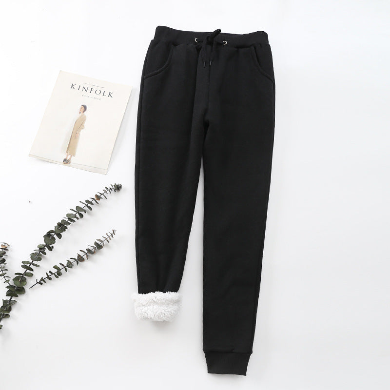 Lamb velvet padded warm feet pants winter loose casual sports pants women plus cashmere student solid color pants