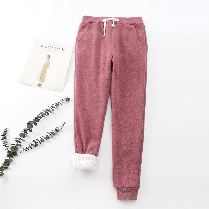 Lamb velvet padded warm feet pants winter loose casual sports pants women plus cashmere student solid color pants