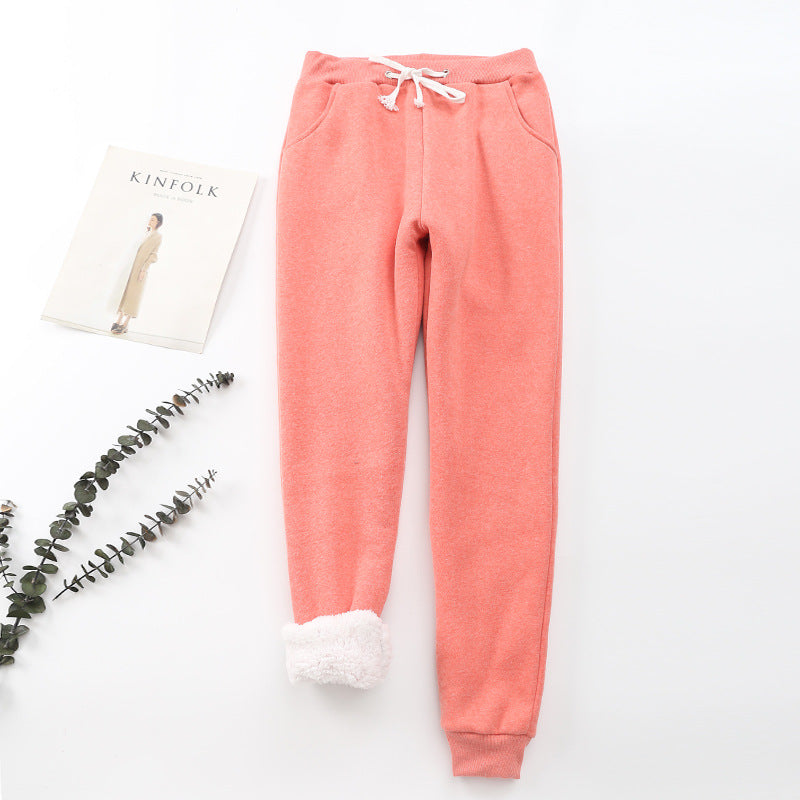 Lamb velvet padded warm feet pants winter loose casual sports pants women plus cashmere student solid color pants