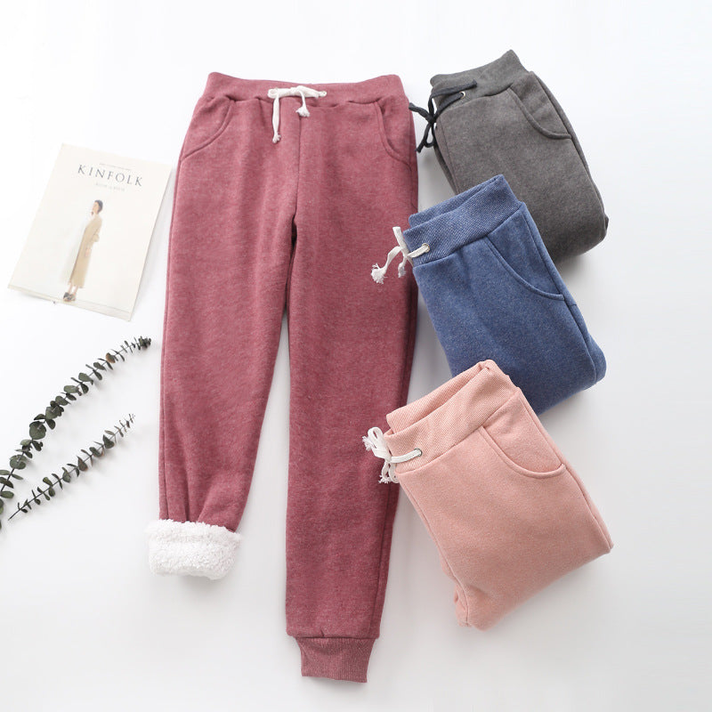 Lamb velvet padded warm feet pants winter loose casual sports pants women plus cashmere student solid color pants
