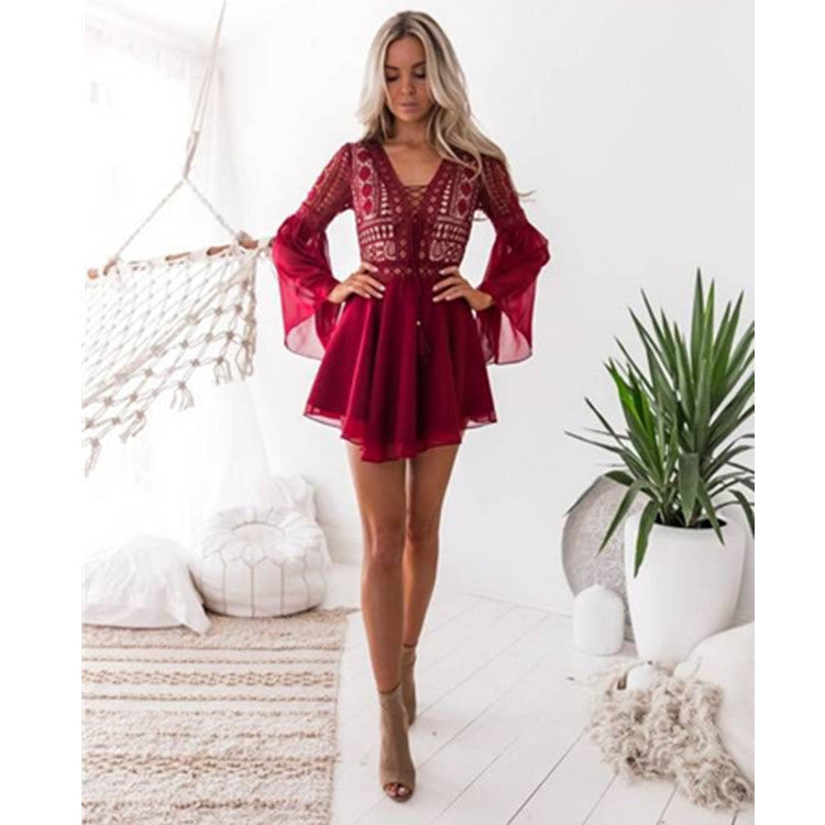 2019 Summer Amazon Water-soluble Lace Hook Flower Hollow V-neck Strap Trumpet Long Sleeve Chiffon Dress