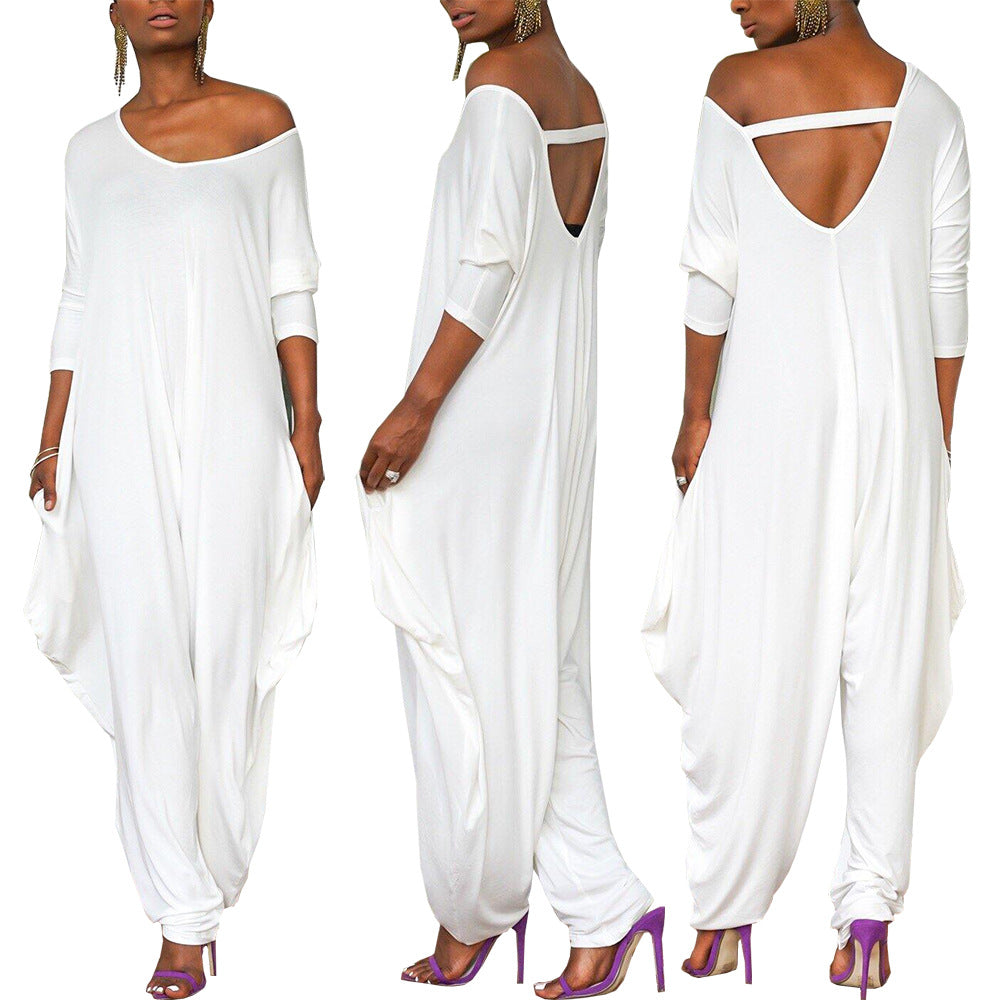 2019 Amazon Explosive Pure Color Cotton-proof Stretch Irregular Sleeve Women's Loose Jumpsuit ZL1186