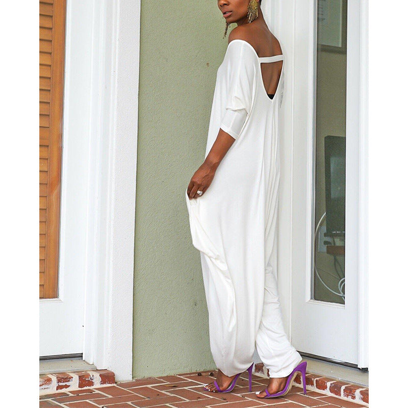 2019 Amazon Explosive Pure Color Cotton-proof Stretch Irregular Sleeve Women's Loose Jumpsuit ZL1186