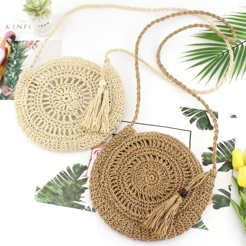Handmade paper rope woven, round tassel crossbody woven bag, handmade crocheted flower and straw woven bag, beach bag, Thailand