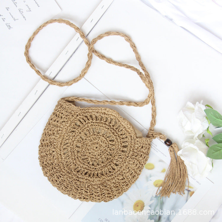 Handmade paper rope woven, round tassel crossbody woven bag, handmade crocheted flower and straw woven bag, beach bag, Thailand
