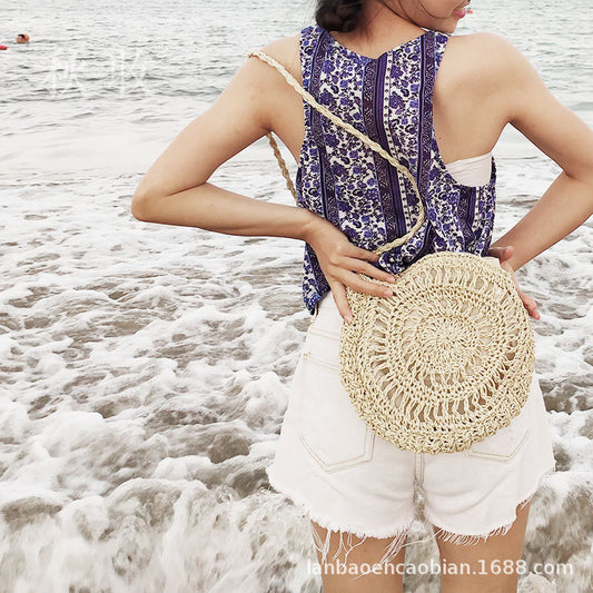 Handmade paper rope woven, round tassel crossbody woven bag, handmade crocheted flower and straw woven bag, beach bag, Thailand