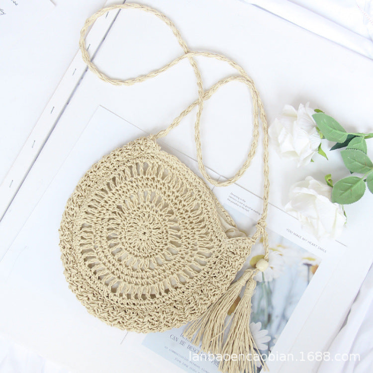 Handmade paper rope woven, round tassel crossbody woven bag, handmade crocheted flower and straw woven bag, beach bag, Thailand