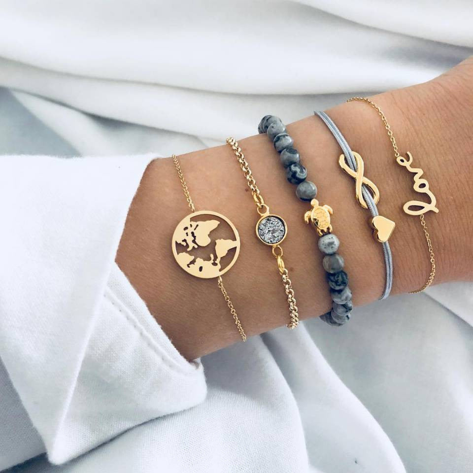 30 Styles Women Girls Mix Round alloy Crystal Charm Bracelets Fashion Boho Heart Map Pineapple Bracelets Sets Jewelry Gift