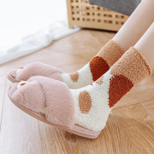 Coral fleece cat socks, tube socks, cartoon cat paw socks, cute floor socks, autumn and winter thickened warmth and velvet sleep socks