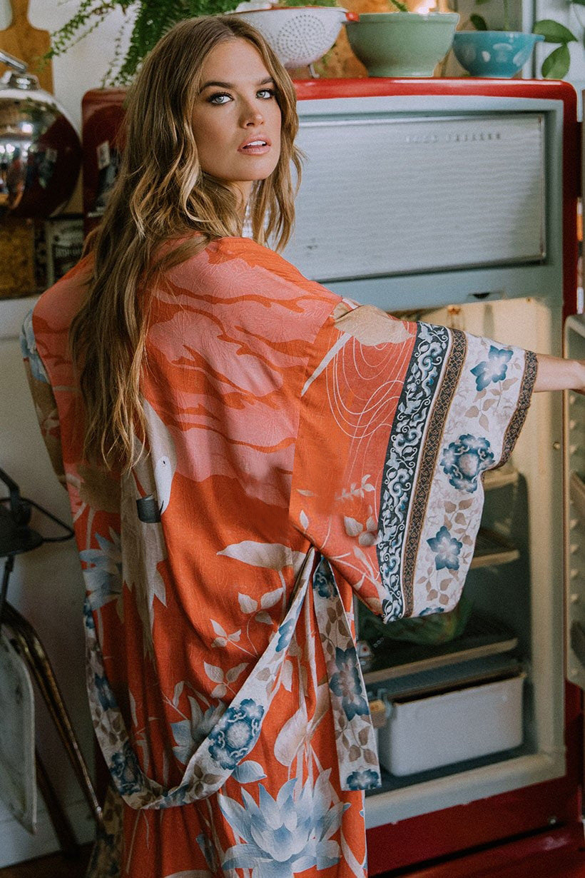 European and American orange red bottom crane flower red flower kimono sunscreen cardigan chiffon blouse swimsuit outer holiday skirt girl
