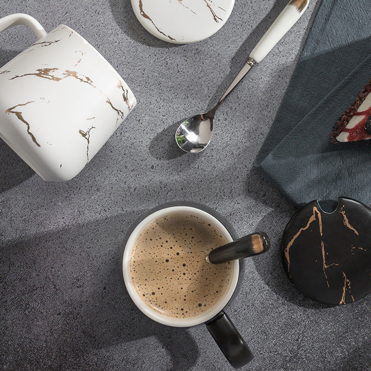 Creative simple marble pattern breakfast cup with lid office practical gift mug customization