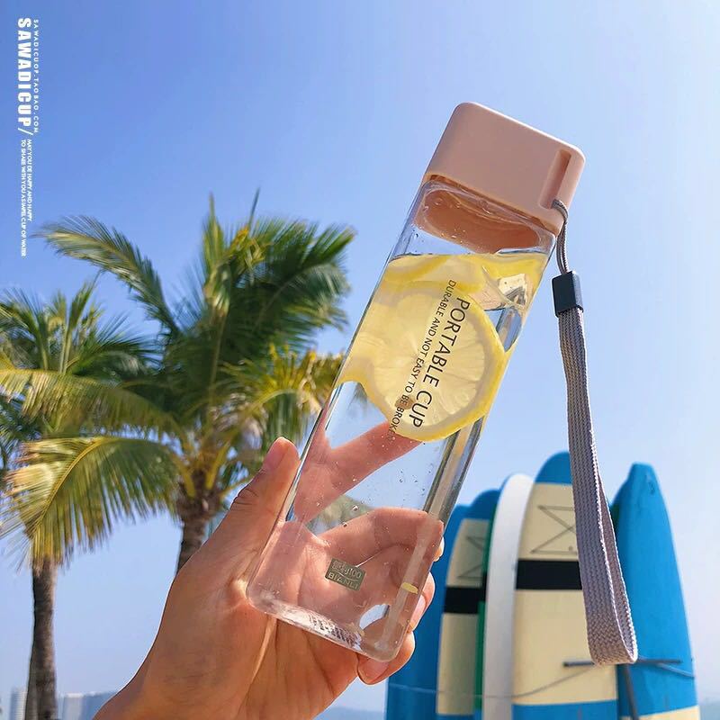 Square simple water cup portable drop resistant cup plastic personality cup transparent leak-proof with lid creative girl heart