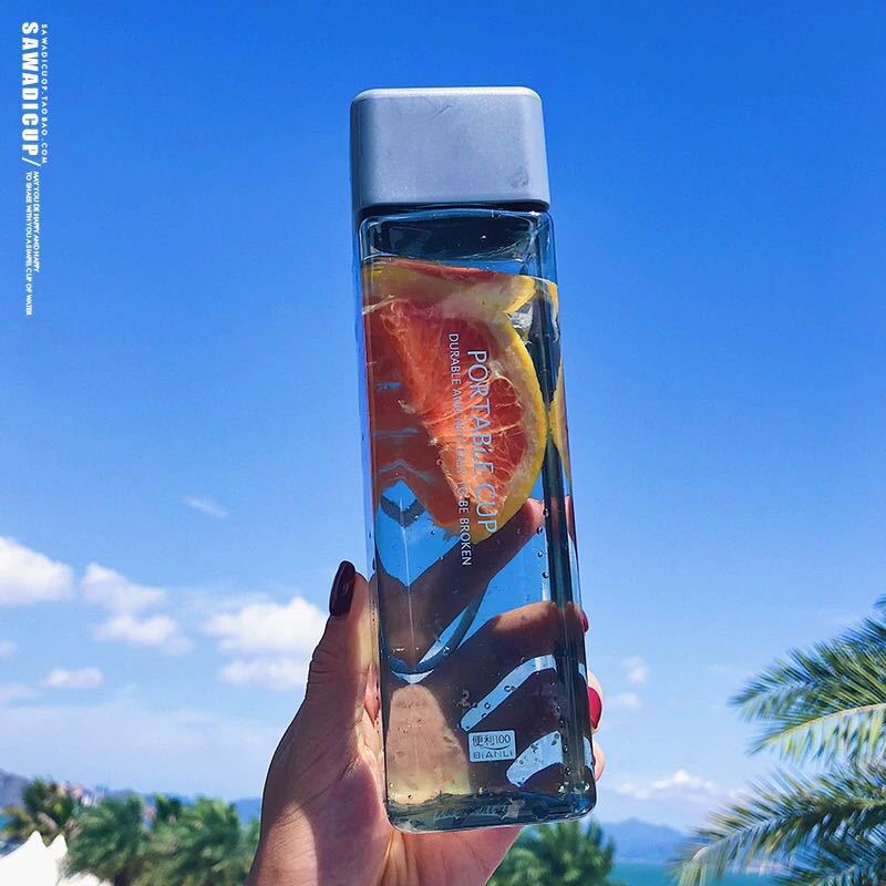 Square simple water cup portable drop resistant cup plastic personality cup transparent leak-proof with lid creative girl heart