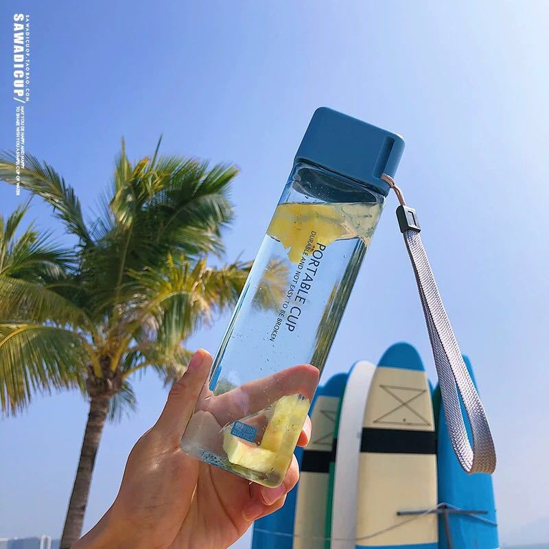 Square simple water cup portable drop resistant cup plastic personality cup transparent leak-proof with lid creative girl heart