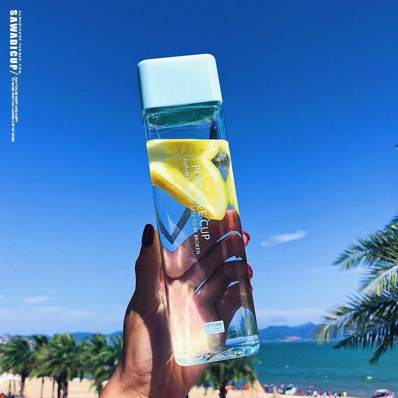 Square simple water cup portable drop resistant cup plastic personality cup transparent leak-proof with lid creative girl heart