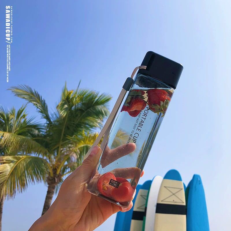 Square simple water cup portable drop resistant cup plastic personality cup transparent leak-proof with lid creative girl heart