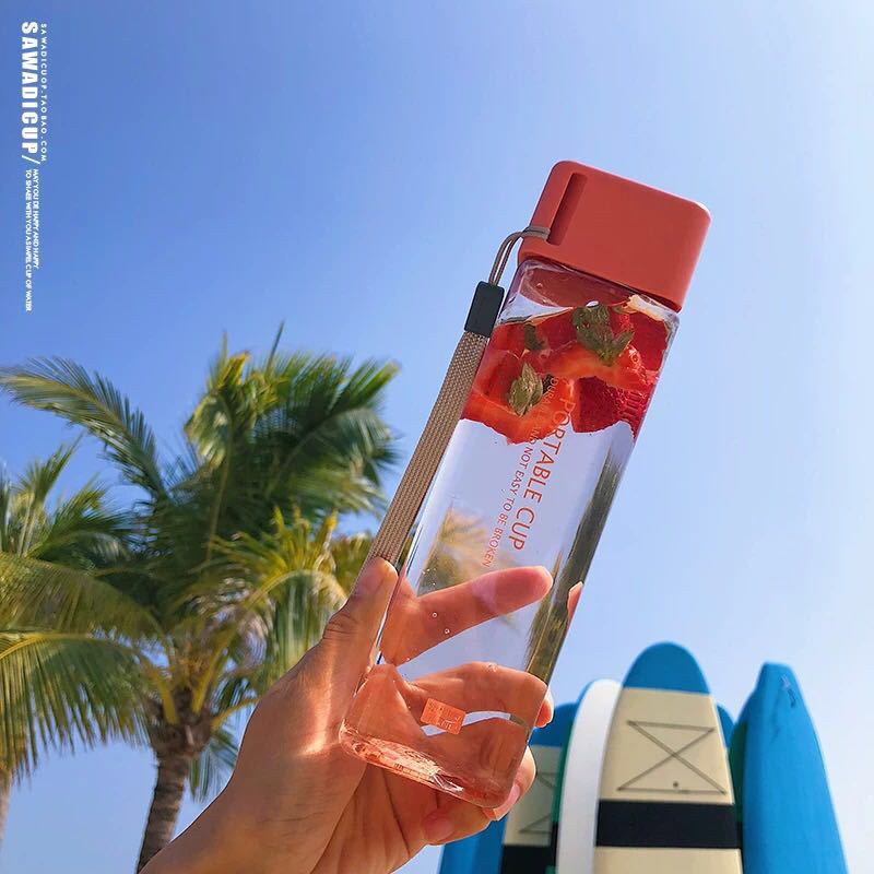 Square simple water cup portable drop resistant cup plastic personality cup transparent leak-proof with lid creative girl heart