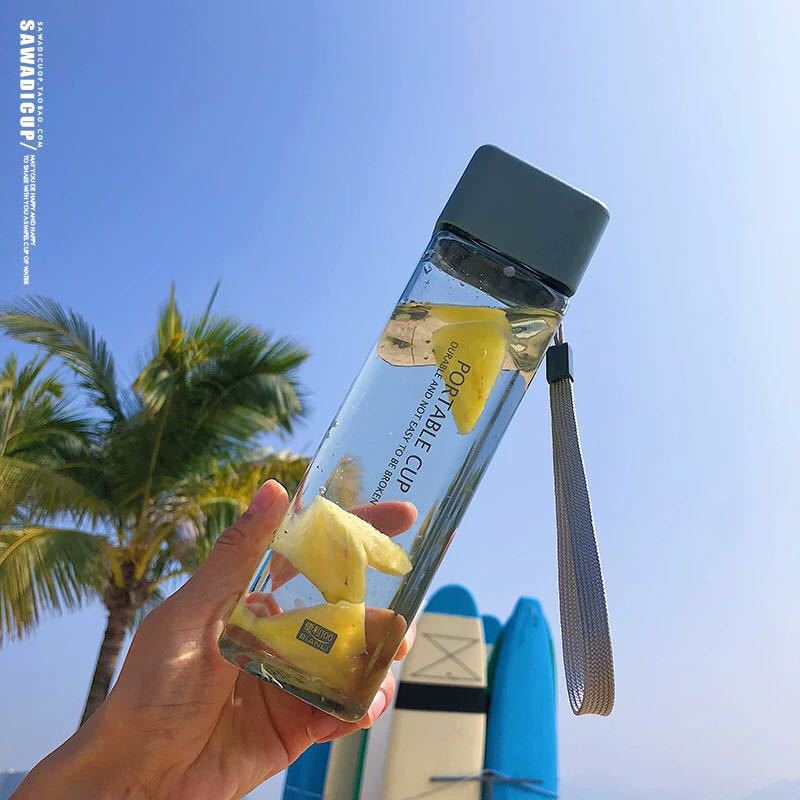 Square simple water cup portable drop resistant cup plastic personality cup transparent leak-proof with lid creative girl heart