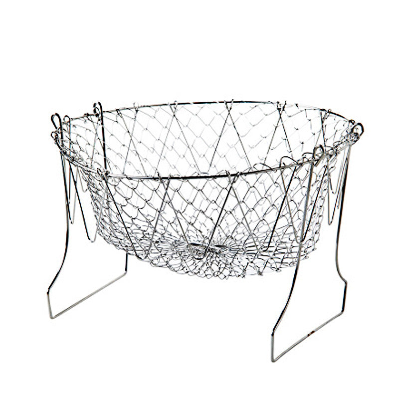 Stainless steel telescopic folding round fried basket vegetable drain basket multi-function French fries potatoes portable fried basket