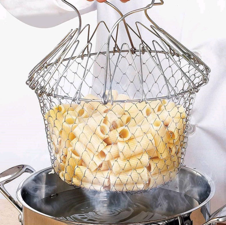 Stainless steel telescopic folding round fried basket vegetable drain basket multi-function French fries potatoes portable fried basket