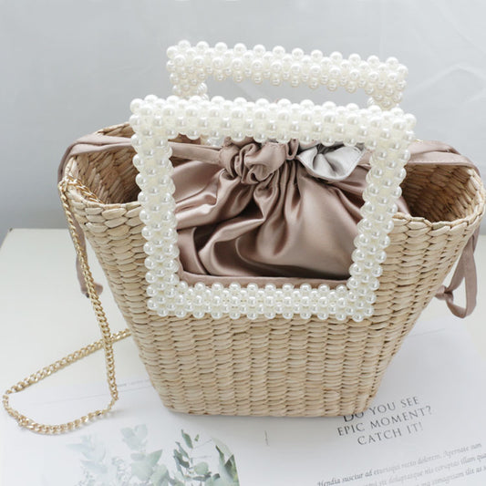 New Fashion Pearl Straw Bag Hand-woven Shoulder Bag Handbag Seaside Holiday Temperament