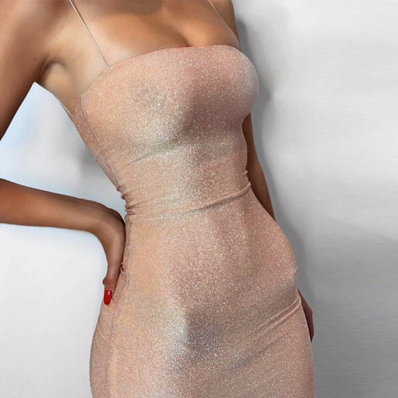 New hot style AliExpress strapless waist bag hip tube top Slim gold silk sling solid color sexy party dress