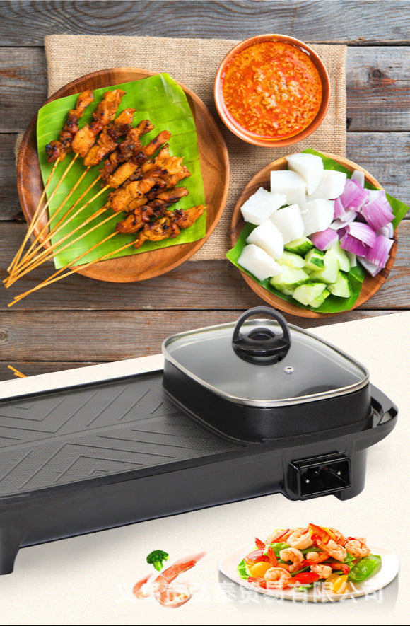 Cross-border Korean-style shabu-shabu-grilled one-piece multi-function electric pot household smoke-free non-stick electric hot pot barbecue plate electric oven